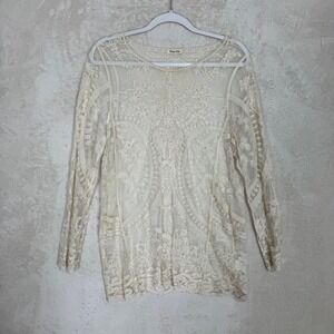 Boho Sheer Lace Mesh Top Embroidered Floral Romantic Festival Blouse Size M
